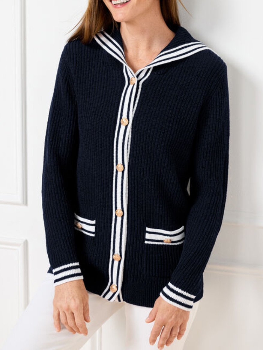 Talbots Sailor Collar Cardigan - Tipped Navy & White Nautical Sweater Size Sp